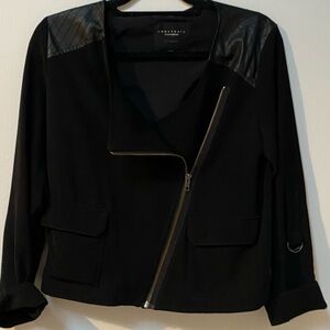 Stylish Mixed texture polyester and Black Leather Jacket, Size XS.